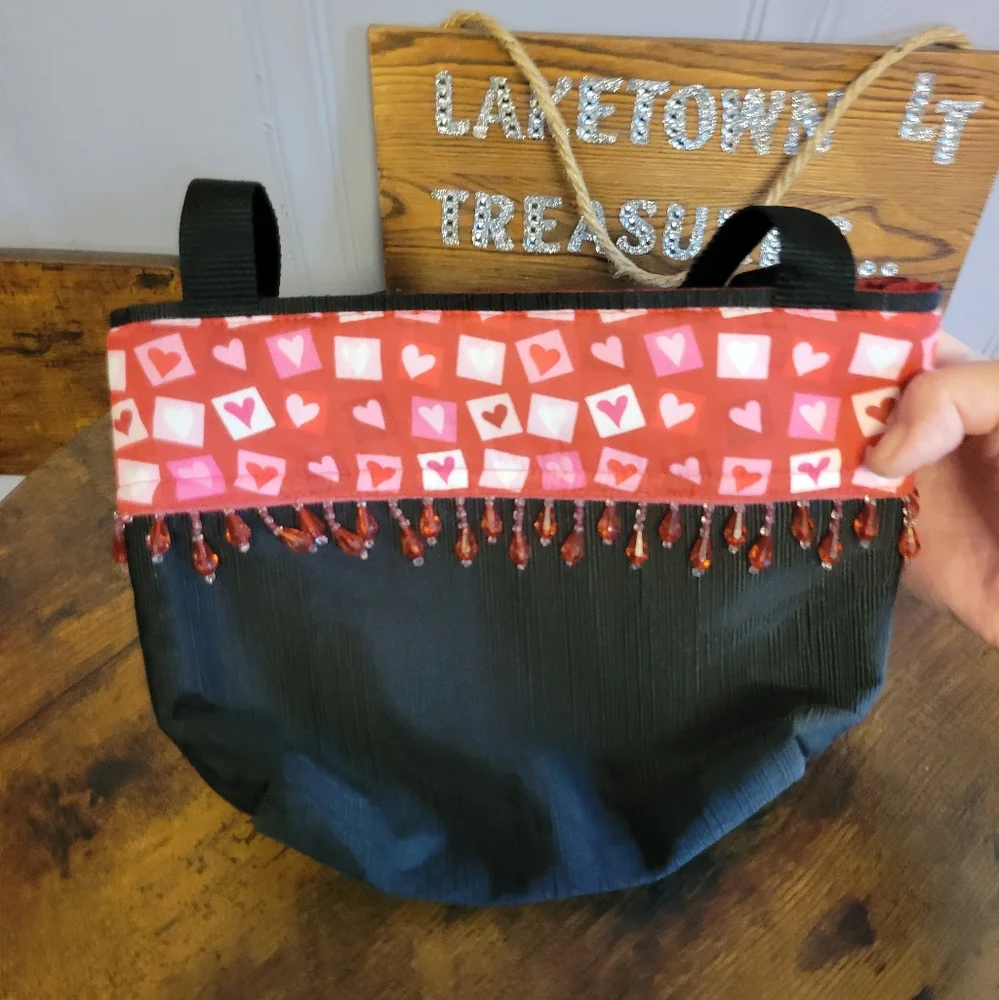 Handcrafted heart and bead embellished shoulder bag two nylon straps